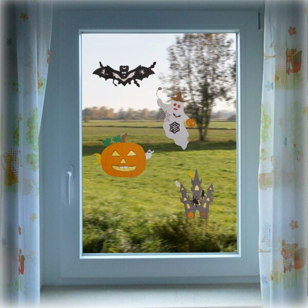 Bastelset Fensterbilder Halloween - Vier Motive (Kürbis, Geist, Fledermaus, Schloss)