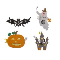 Bastelset Fensterbilder Halloween - Vier Motive (Kürbis, Geist, Fledermaus, Schloss)