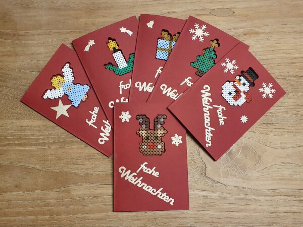 DiY Weihnachtskarten - Sechs Bügelperlenkarten rot/gold incl. Steckplatte und Briefkuverts (q)